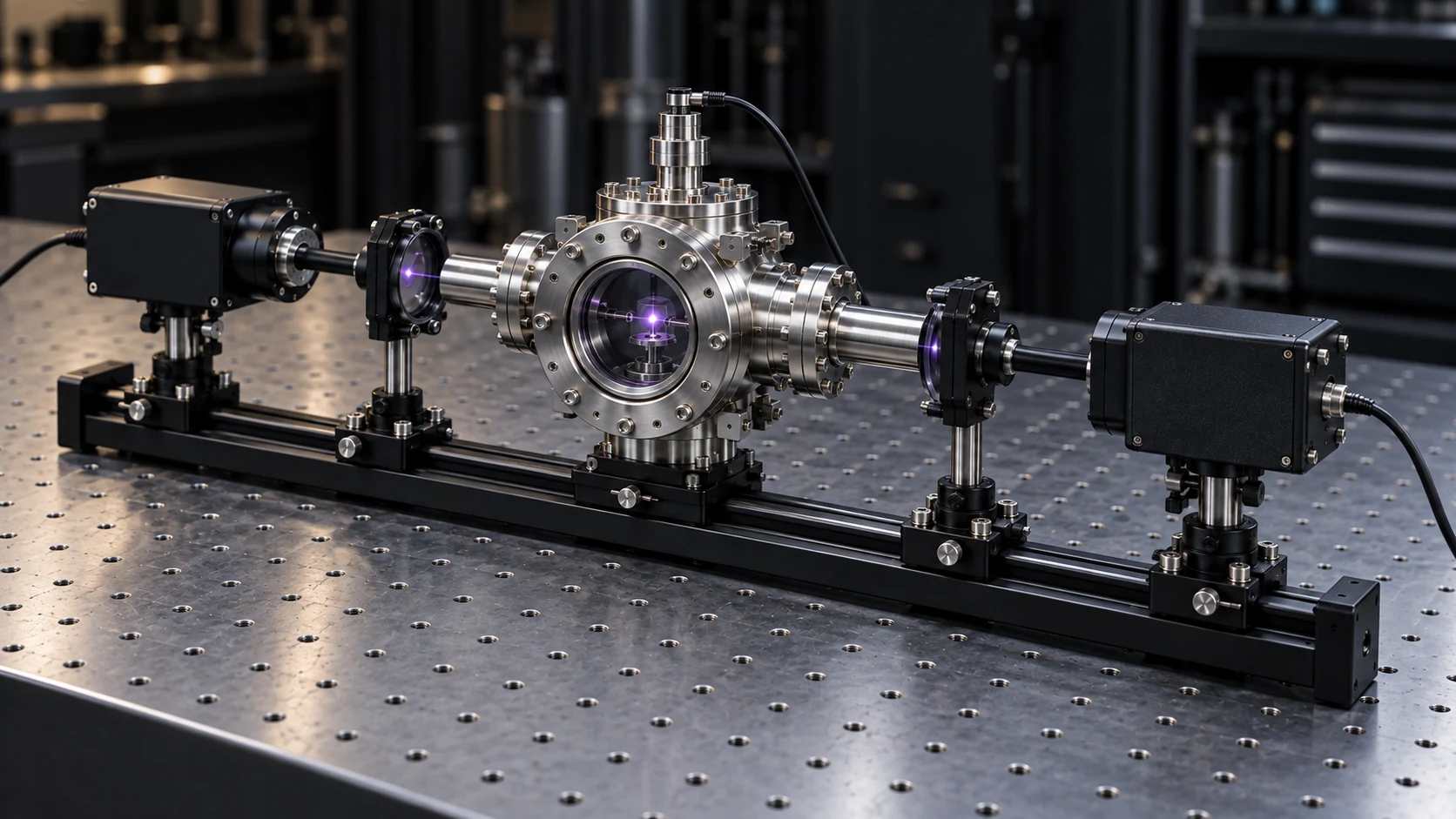 Viewed from above and to the right, glass optics and a steel measurement chamber sit on a shared precision rail on a laboratory table.