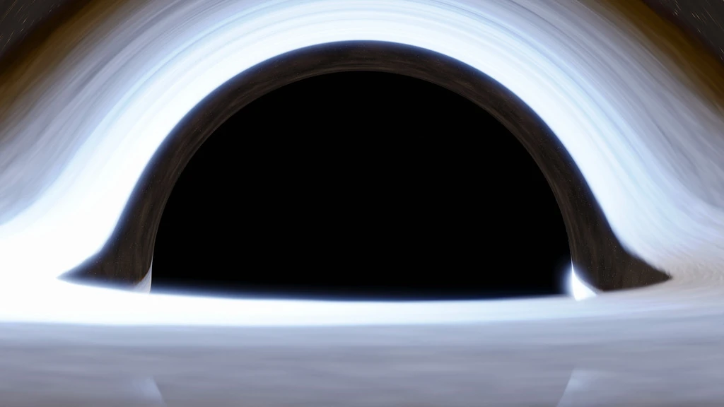 Light from an accretion disk bends above and below the dark shadow of a black hole.